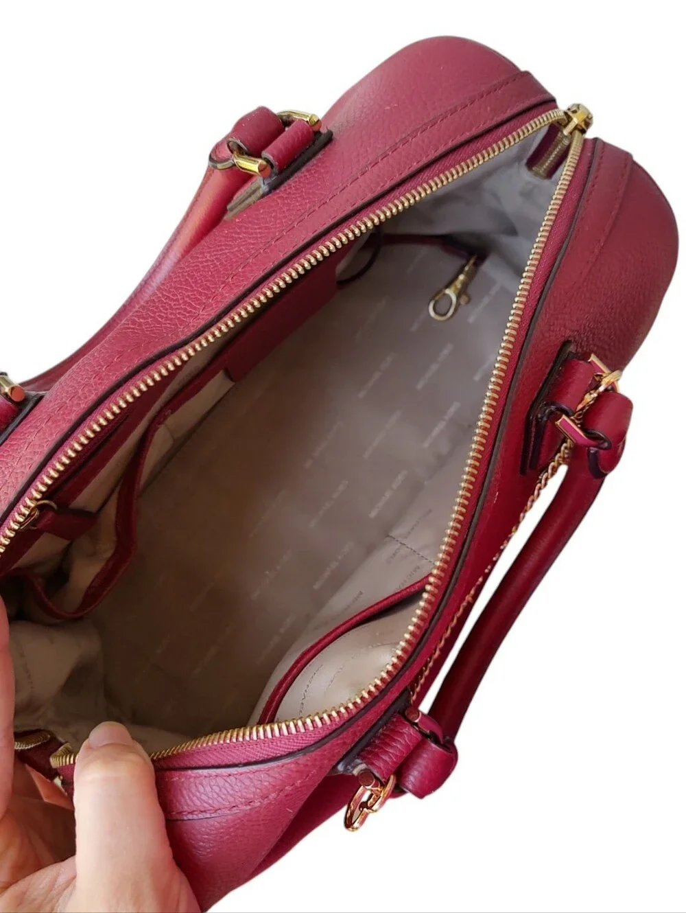Michael Kors Cranberry Merlot Leather Satchel with Gold Cherry Charm Chain